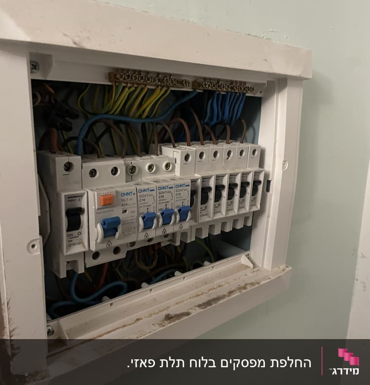 לוח חשמל עם מפסקים וחוטים צבעוניים
